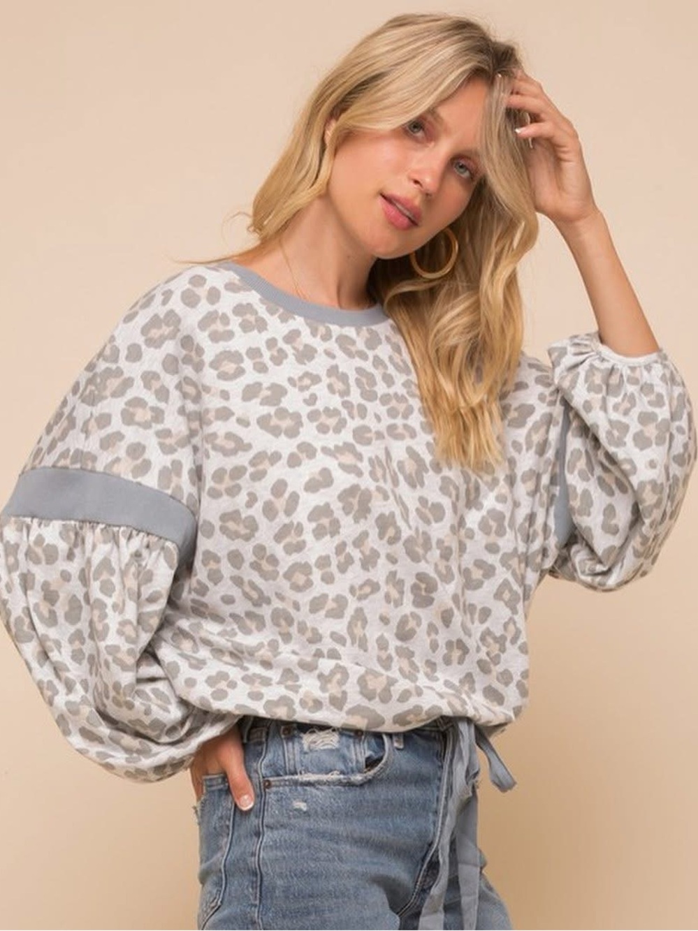 Hem & Thread Leopard Print Top with Gray Details